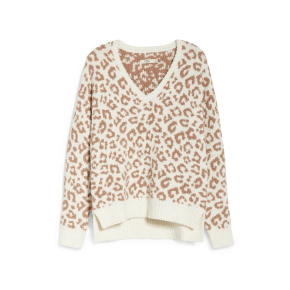 UGG Australia Sweaters - UGG Cecilia Natural Leopard Blush Animal Print Ivory V-Neck Plush Soft Sweater S